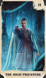 Character in a mystical outfit with a blue aura against a dark, otherworldly background.