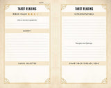 A tarot reading journal page spread with two columns on a textured beige background. The left column is for 'Tarot Reading' with fields for moon phase, who is the tarot spread for, query, cards selected, and a blank date line.