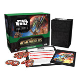 Star Wars Unlimited Home Worlds prerelease board game set with its retail box, black storage box, playmat, and red-and-black tokens on a white background.