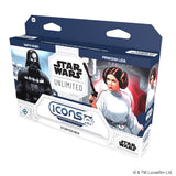Star Wars Icons Unlimited Starter Box for Princess Leia, featuring a dark blue and white retail box with illustrations of Darth Vader and Princess Leia on a white background.