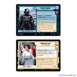 Two Star Wars tabletop gaming cards shown on a white background: a dark blue Darth Vader card above and a beige Princess Leia card below. Both cards feature character portraits, action text, and game mechanics, with visible Star Wars branding and copyright text at the bottom.
