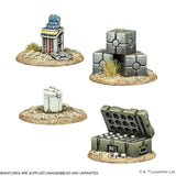 Four miniature models of structures on sandy bases with 'Lucasfilm Ltd.' branding.