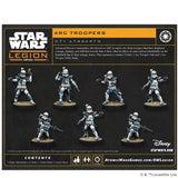 Star Wars Legion Arc Troopers packaging with miniatures on a black background