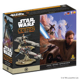 Star Wars Legion Jedi Barc Speeder model kit box, featuring artwork of Obi-Wan Kenobi and the assembled miniature vehicle on a black and beige retail package.