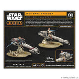 Back packaging of Star Wars Legion 'Jedi Barc Speeder' miniatures, showing product details, character art, contents, and Disney Star Wars branding on a black background.