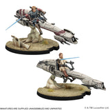 Two unpainted tabletop miniatures shown on a white background: a rider seated on a futuristic white and gray vehicle with a blue lightsaber, and the same figure mounted on a different vehicle with a blaster. Both figures include a small beige creature on a textured base.