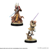 Two miniature figures with lightsabers on a white background, featuring Lucasfilm branding.