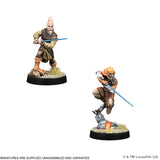 Two miniature figures with lightsabers on a white background, featuring Lucasfilm branding.
