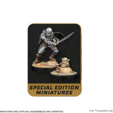 Special edition miniatures packaging with a warrior figure and Yoda on a black background