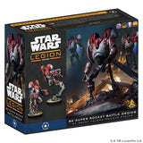 Star Wars Legion 82 Super Rocket Battle Droids miniatures kit box, featuring artwork of the red and white robotic droids on a dark sci-fi battle scene.