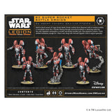 Star Wars Legion B2 Super Rocket Battle Droids expansion box front, showing multiple painted plastic miniatures, product title text, and Disney/Star Wars branding on a black background.
