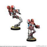 Two unpainted sci-fi miniature figures shown on a plain white background, one fully assembled in a dynamic pose and one partially disassembled to show the loose parts. Small text at the bottom reads 'MINIATURES ARE SUPPLIED UNASSEMBLED AND UNPAINTED' with a Lucasfilm copyright notice.
