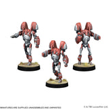 Three unpainted sci-fi miniature figures shown from different angles on a white background, with small text at the bottom stating they are supplied unassembled and unpainted.