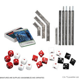 Collection of miniatures, dice, and card packs on a white background