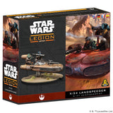Star Wars Legion X-34 Landspeeder packaging with characters and vehicle on a desert planet.