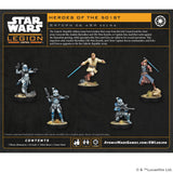 Star Wars Legion miniatures set with characters from 'Heroes of the 501st' expansion on a dark background.