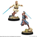 Two miniature figures with lightsabers on a white background, featuring Lucasfilm branding.