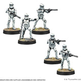 Five stormtrooper miniatures on round bases with a white background