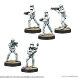 Five stormtrooper miniatures on black bases with a white background