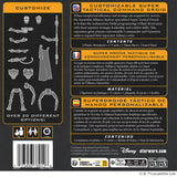 Back of a toy packaging for customizable super tactical command droid with text and images of droid parts.