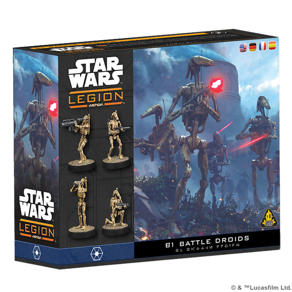 Star Wars Legion B1 Battle Droids packaging with figures and text on a white background