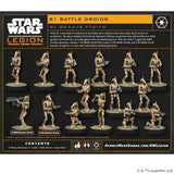 Star Wars Legion B1 Battle Droids packaging with miniatures on a black background