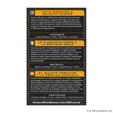 A product box or insert card for a tabletop gaming expansion, with three stacked black panels featuring orange and white text and small colorful icon graphics. Visible text includes 'Fifth Brother & Seventh Sister,' 'Contents,' 'Materiai,' and 'AtomicMassGamesGames.