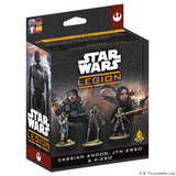 Star Wars Legion action figure packaging with characters Cassian Andor, Jyn Erso, and K-2SO.