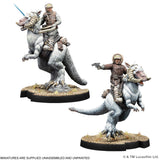 Two miniature figures on creature mounts with a white background