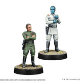 Two miniature figures on stands with a white background, featuring Lucasfilm branding.