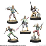 Five miniature figures of characters from a science fiction or fantasy setting on a white background.