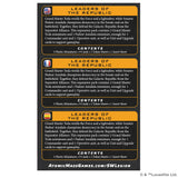 Card back featuring 'Leaders of the Republic' miniatures and cards with branding and text.