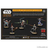 Star Wars Legion Leaders of the Separatist Alliance box art packaging, showing the front of the box with character illustrations, product contents, and branding on a black background.