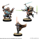 Three unpainted fantasy miniatures shown on a plain white background: a multi-armed beast-like warrior with a blue cloak, a heavily armored robotic figure with glowing blue and green lightsabers, and a cloaked figure holding a red lightsaber. Small text at the bottom says miniatures are supplied unassembled and unpainted, with a Lucasfilm copyright notice.
