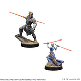 Two unpainted tabletop gaming miniatures shown on a white background, one larger dark-armored figure with a gold helmet and orange lightsaber, and one smaller blue-skinned figure with a silver lightsaber. Text at the bottom says miniatures are supplied unassembled and unpainted.