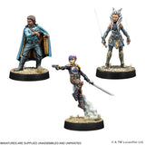 Three miniature figures on stands with a white background, featuring characters from a popular franchise.