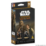 Star Wars Legion Han Solo & Chewbacca miniatures box set packaging, featuring character artwork and the Star Wars logo on a clean white background.