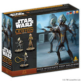 Star Wars Legion: Nyora Pyke Syndicate Foot Soldiers box set packaging, featuring illustrated alien foot soldiers and small unpainted model figures on a clean white background.