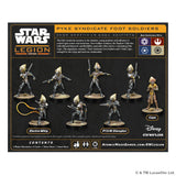 Star Wars Legion 'Pyke Syndicate Foot Soldiers' contents and box back panel showing eight miniature foot soldier figures, a rope, and a lapel pin on a black background with product text and logos.