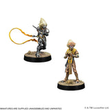 Two unpainted fantasy tabletop miniatures shown on a plain white background, with small text at the bottom stating that miniatures are supplied unassembled and unpainted.