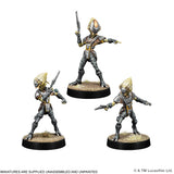 Three unpainted tabletop gaming miniatures of a sci-fi humanoid alien warrior shown in different poses on round bases against a white background. Small text at the bottom reads 'MINIATURES ARE SUPPLIED UNASSEMBLED AND UNPAINTED' with a Lucasfilm copyright notice.