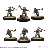 Six miniature figures of creatures with weapons on black bases against a white background.
