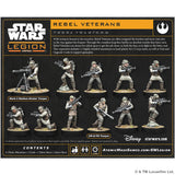Star Wars Legion Rebel Veterans miniatures set on a black background with branding and product details.