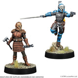 Two miniature figures on bases, one in brown armor with a hammer and the other in blue and gray armor with a sword, on a white background.