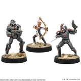 Three miniature figures on stands with a white background, featuring Lucasfilm branding.