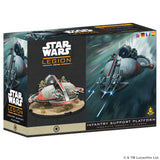Star Wars Legion Infantry Support Platform box art, showing the product packaging with a black front panel, white Star Wars logo, and artwork of a gray and red sci-fi platform on a dark teal background.