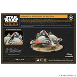 Back packaging insert for a Star Wars Legion Infantry Support Platform miniature by Atomic Mass Games, showing product details, assembly info, size comparison, and contents on a black background.