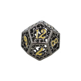 D20 polyhedral dice with black and gold design on a white background