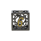 Decorative metal cube with the number 6 on a white background