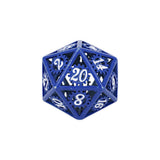 Blue polyhedral dice with white numbers on a white background